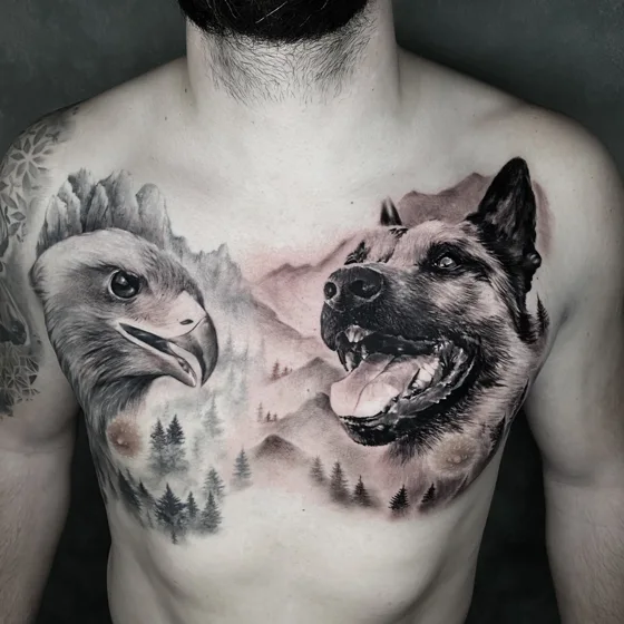 Großflächiges Brusttattoo mit realistischen Tierporträts